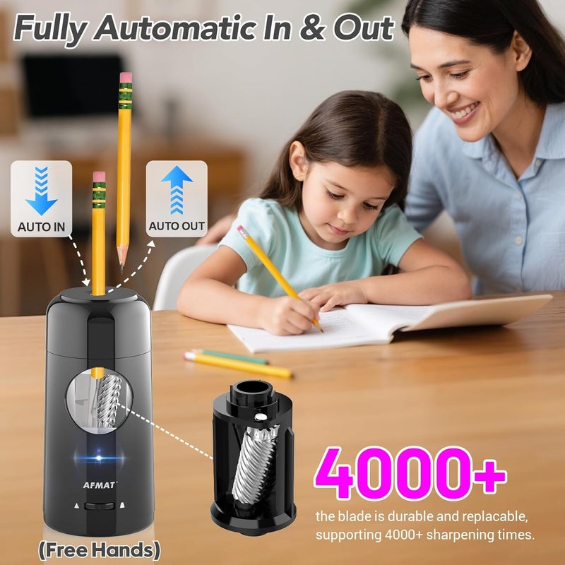AFMAT Electric Pencil Sharpener, Rechargeable Fully Automatic Pencil Sharpener for Jumbo & Colored Pencils (7-11.5mm), Auto in/Out, Hands-Free, Portable for Home/Classroom/Office PSX6 (Black) - Image 2